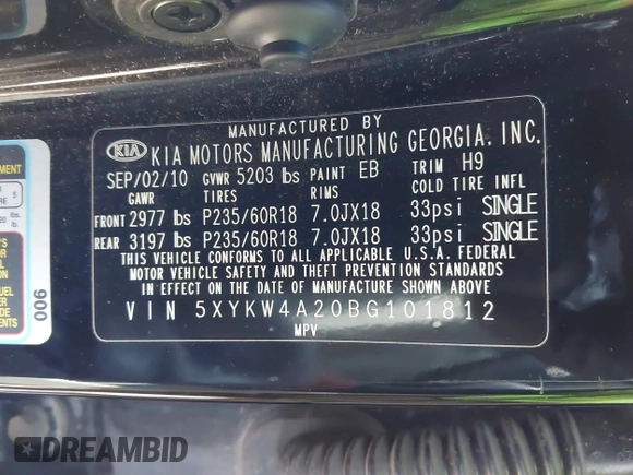 2011 Kia Sorento SX with VIN 5XYKW4A20BG101812, listed as a IAAI auction lot 41971961 with 84,469 mi miles. Bid and sale history available at carsss.com. Image 9.