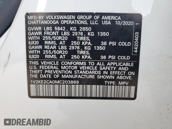 2021 Volkswagen Atlas SE z VIN 1V2KE2CA0MC203869, wystawiony jako Copart lot #81821024 z przebiegiem 30 354 mil mil oraz Szkoda całkowita • Salvage title. Historia ofert i sprzedaży dostępna na DreamBid. Obrazek 13.