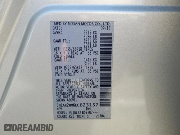 2014 Nissan Pathfinder S z VIN 5N1AR2MM6EC623157, wystawiony jako Copart lot #64110745 z przebiegiem 124 100 mil mil oraz Szkoda całkowita • Salvage title. Historia ofert i sprzedaży dostępna na DreamBid. Obrazek 13.