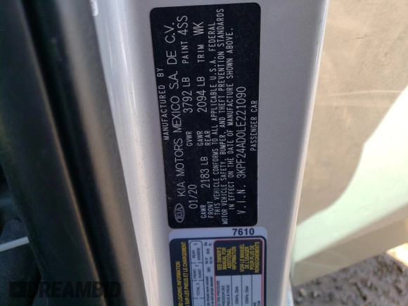 2020 Kia Forte LXS with VIN 3KPF24AD0LE221090, listed as a Copart auction lot 47781605 with 56,767 mi miles and Salvage Title. Bid and sale history available at carsss.com. Image 15.