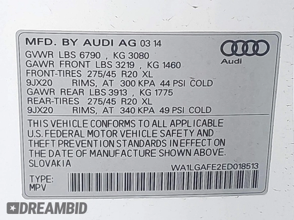2014 Audi Q7 Premium Plus with VIN WA1LGAFE2ED018513, listed as a IAAI auction lot 42815204 with 121,094 mi miles and . Bid and sale history available at DreamBid. Image 9.