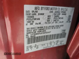 2001 Ford F-150 XLT с VIN 1FTRW07L01KF03457, выставлен на аукционе Copart как лот 60086725 с пробегом 205 917 миль миль и Списание • Salvage title. История ставок и продаж доступна на DreamBid. Изображение 12.
