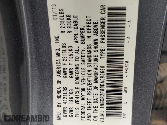 2013 Honda Accord EX-L with VIN 1HGCR2F80DA095690, listed as a Copart auction lot 51609605 with 225,954 mi miles and Salvage Title. Bid and sale history available at DreamBid. Image 12.