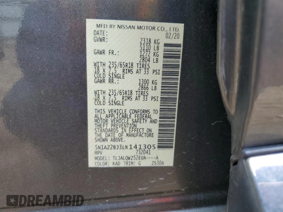 2020 Nissan Murano SV z VIN 5N1AZ2BJ3LN141305, wystawiony jako Copart lot #51863965 z przebiegiem 100 070 mil mil oraz Szkoda całkowita • Salvage title. Historia ofert i sprzedaży dostępna na DreamBid. Obrazek 15.