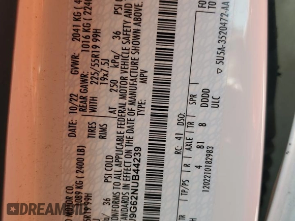 2022 Ford Escape SE with VIN 1FMCU9G62NUB44239, listed as a Copart auction lot 60988765 with Not provided miles and Salvage title. Bid and sale history available at DreamBid. Image 13.