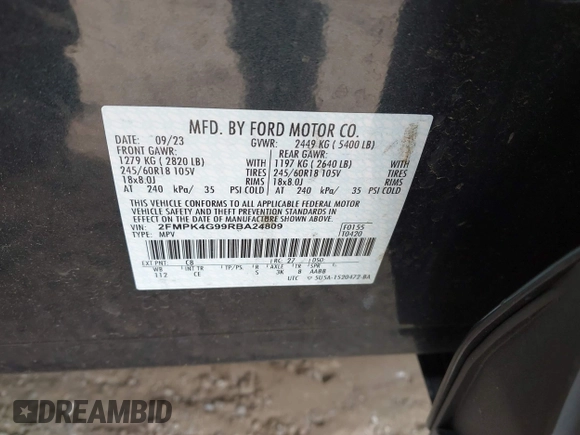 2024 Ford Edge SE with VIN 2FMPK4G99RBA24809, listed as a IAAI auction lot 42291934 with 21,402 mi miles and . Bid and sale history available at DreamBid. Image 9.