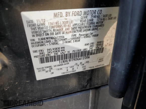 2013 Lincoln MKS EcoBoost with VIN 1LNHL9FT9DG612206, listed as a Copart auction lot 73112854 with Not Provided miles and Salvage Title. Bid and sale history available at DreamBid. Image 14.
