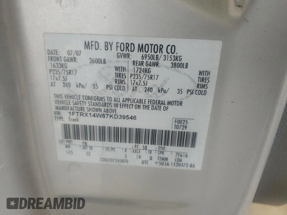 2007 Ford F-150 STX с VIN 1FTRX14W87KD39546, выставлен на аукционе Copart как лот 48850545 с пробегом 129 437 миль миль и Чистый • Clean title. История ставок и продаж доступна на DreamBid. Изображение 12.