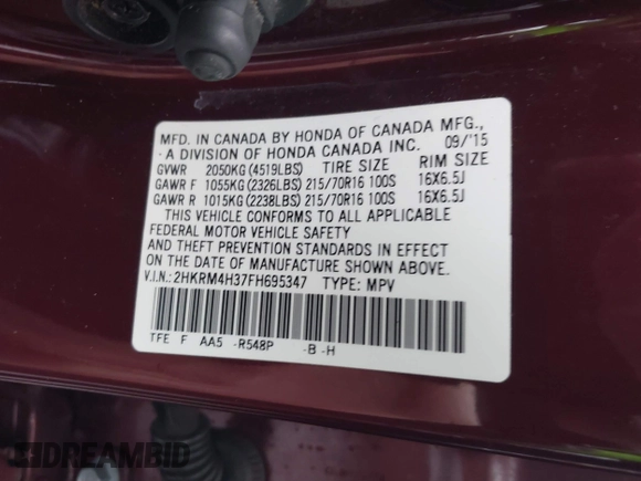 2015 Honda CR-V LX with VIN 2HKRM4H37FH695347, listed as a IAAI auction lot 41124018 with 117,400 mi miles and . Bid and sale history available at DreamBid. Image 9.