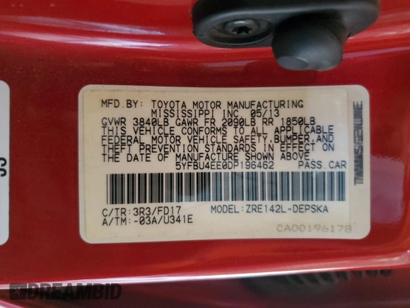 2013 Toyota Corolla L with VIN 5YFBU4EE0DP196462, listed as a Copart auction lot 50139485 with 0 mi miles and Salvage Title. Bid and sale history available at carsss.com. Image 13.