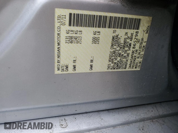 2011 Nissan Maxima SV with VIN 1N4AA5APXBC865298, listed as a Copart auction lot 56511135 with Not provided miles and Salvage title. Bid and sale history available at DreamBid. Image 13.