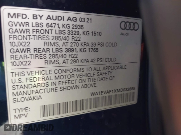 2021 Audi Q8 Premium Plus with VIN WA1EVAF1XMD033688, listed as a IAAI auction lot 42153256 with 41,701 mi miles and . Bid and sale history available at DreamBid. Image 9.