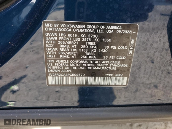 2023 Volkswagen Atlas SEL Premium R-Line with VIN 1V2FR2CA3PC509670, listed as a Copart auction lot 58754925 with 74,874 mi miles and Salvage title. Bid and sale history available at DreamBid. Image 13.