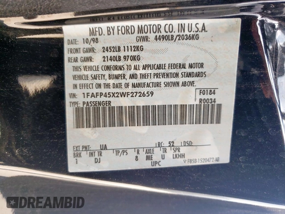 1998 Ford Mustang GT with VIN 1FAFP45X2WF272659, listed as a Copart auction lot 54121775 with 83,338 mi miles and Salvage title. Bid and sale history available at DreamBid. Image 13.