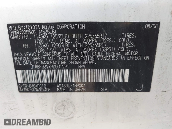 2009 Toyota RAV4 with VIN JTMBF33VX9D001291, listed as a IAAI auction lot 41792376 with 104,318 mi miles and . Bid and sale history available at DreamBid. Image 9.