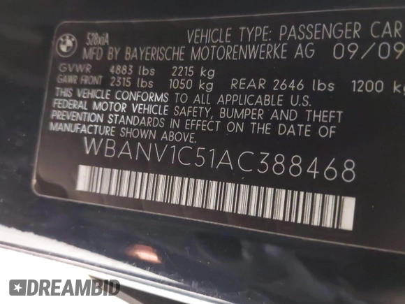 2010 BMW 5 Series 528i xDrive with VIN WBANV1C51AC388468, listed as a IAAI auction lot 41932964 with 199,919 mi miles and . Bid and sale history available at carsss.com. Image 9.