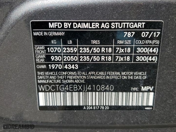 2018 Mercedes-Benz GLA with VIN WDCTG4EBXJJ410840, listed as a Copart auction lot 50708705 with 105,805 mi miles and Salvage Title. Bid and sale history available at carsss.com. Image 12.