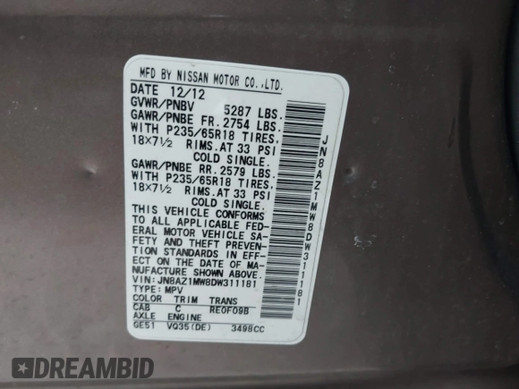 2013 Nissan Murano SV with VIN JN8AZ1MW8DW311181, listed as a IAAI auction lot 41891833 with 162,091 mi miles. Bid and sale history available at carsss.com. Image 9.