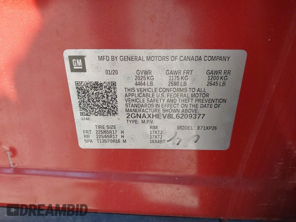 2020 Chevrolet Equinox LS with VIN 2GNAXHEV8L6209377, listed as a IAAI auction lot 41803505 with 85,895 mi miles. Bid and sale history available at carsss.com. Image 9.