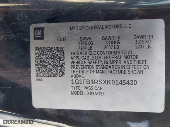 2019 Chevrolet Camaro 1LT with VIN 1G1FB1RSXK0145430, listed as a IAAI auction lot 41668008 with 25,841 mi miles. Bid and sale history available at carsss.com. Image 9.