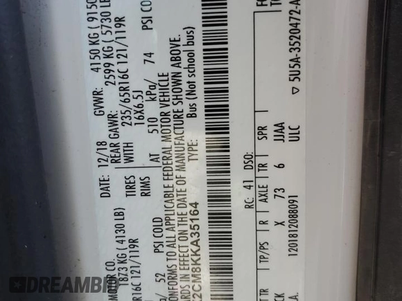 2019 Ford Transit Passenger XL z VIN 1FBAX2CM8KKA35164, wystawiony jako Copart lot #55198825 z przebiegiem 64 287 mil mil oraz Szkoda całkowita • Salvage title. Historia ofert i sprzedaży dostępna na DreamBid. Obrazek 13.