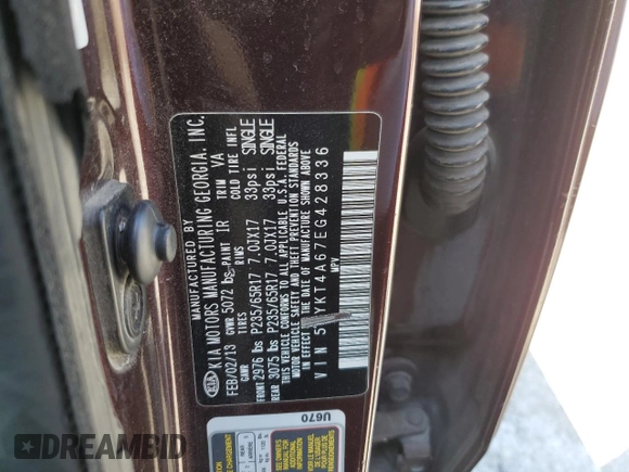 2014 Kia Sorento LX with VIN 5XYKT4A67EG428336, listed as a Copart auction lot 53906355 with 260,530 mi miles and Clean Title. Bid and sale history available at carsss.com. Image 14.