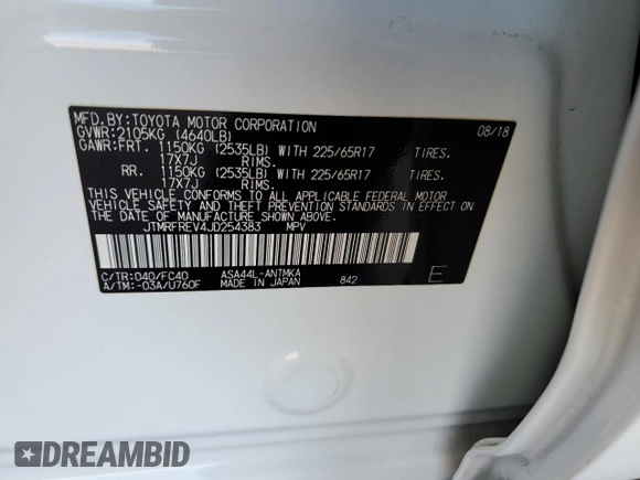 2018 Toyota RAV4 XLE with VIN JTMRFREV4JD254383, listed as a Copart auction lot 53743845 with 46,865 mi miles and Salvage Title. Bid and sale history available at DreamBid. Image 14.