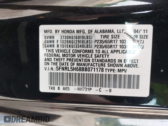2011 Honda Odyssey EX-L with VIN 5FNRL5H68BB071178, listed as a IAAI auction lot 42286324 with 213,847 mi miles and . Bid and sale history available at DreamBid. Image 9.