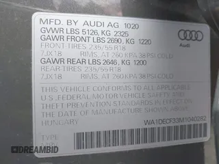 2021 Audi Q3 S line Premium z VIN WA1DECF33M1040282, wystawiony jako IAAI lot #42162587 z przebiegiem 90 509 mil mil oraz . Historia ofert i sprzedaży dostępna na DreamBid. Obrazek 9.