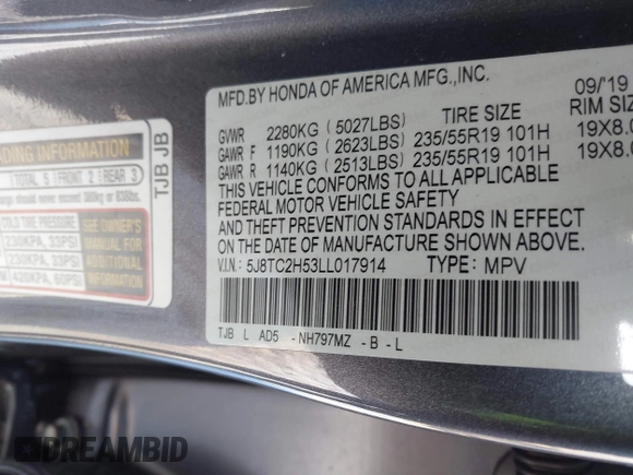 2020 Acura RDX Technology with VIN 5J8TC2H53LL017914, listed as a IAAI auction lot 41379471 with 40,740 mi miles and . Bid and sale history available at DreamBid. Image 9.
