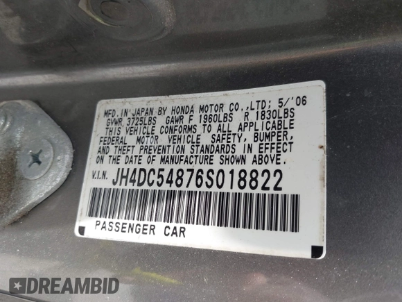 2006 Acura RSX with VIN JH4DC54876S018822, listed as a IAAI auction lot 42428810 with Not provided miles and . Bid and sale history available at DreamBid. Image 9.