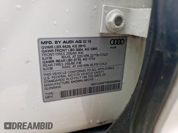 2019 Audi Q7 Premium Plus with VIN WA1LHAF73KD035542, listed as a Copart auction lot 60474105 with 75,950 mi miles and Salvage title. Bid and sale history available at DreamBid. Image 14.