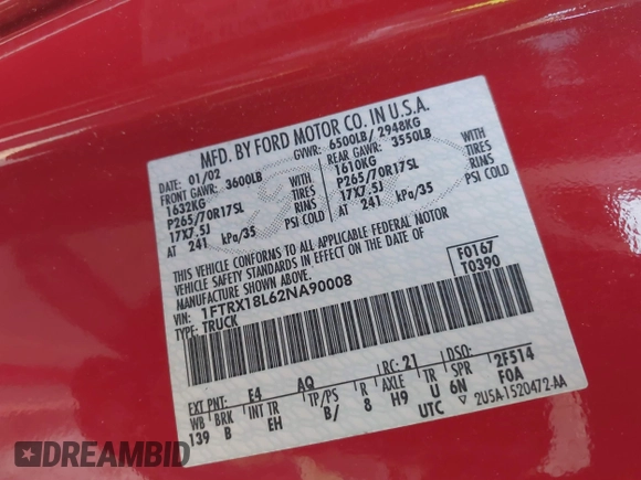 2002 Ford F-150 XL with VIN 1FTRX18L62NA90008, listed as a IAAI auction lot 41491974 with Not provided miles and . Bid and sale history available at DreamBid. Image 9.