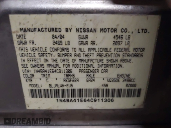2004 Nissan Maxima SE with VIN 1N4BA41E64C911306, listed as a IAAI auction lot 41901758 with 160,841 mi miles and . Bid and sale history available at DreamBid. Image 9.