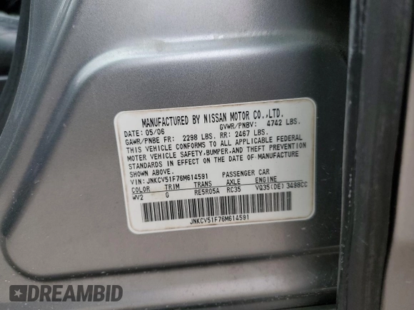 2006 Infiniti G35 z VIN JNKCV51F76M614591, wystawiony jako Copart lot #51253285 z przebiegiem 150 169 mil mil oraz Szkoda całkowita • Salvage title. Historia ofert i sprzedaży dostępna na DreamBid. Obrazek 14.