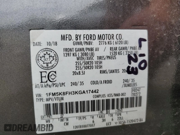 2019 Ford Explorer Limited z VIN 1FM5K8FH3KGA17442, wystawiony jako Copart lot #58272625 z przebiegiem 88 907 mil mil oraz Szkoda całkowita • Salvage title. Historia ofert i sprzedaży dostępna na DreamBid. Obrazek 13.