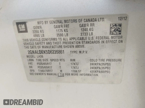 2013 Chevrolet Equinox LT with VIN 2GNALDEK5D6226861, listed as a IAAI auction lot 42055908 with 1 mi miles. Bid and sale history available at carsss.com. Image 9.