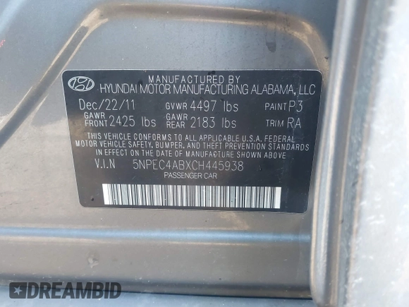 2012 Hyundai Sonata SE with VIN 5NPEC4ABXCH445938, listed as a IAAI auction lot 41834148 with 149,506 mi miles and . Bid and sale history available at carsss.com. Image 9.
