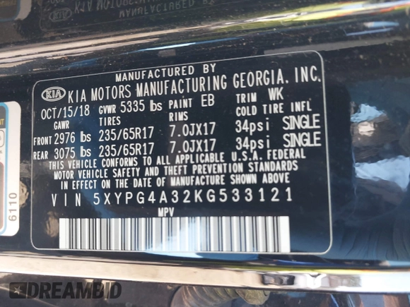 2019 Kia Sorento L with VIN 5XYPG4A32KG533121, listed as a IAAI auction lot 41762827 with 96,026 mi miles. Bid and sale history available at carsss.com. Image 9.