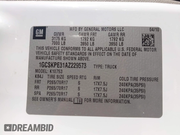 2010 Chevrolet Silverado 1500 with VIN 1GCSKPE31AZ229573, listed as a IAAI auction lot 41203758 with 128,175 mi miles and . Bid and sale history available at DreamBid. Image 9.