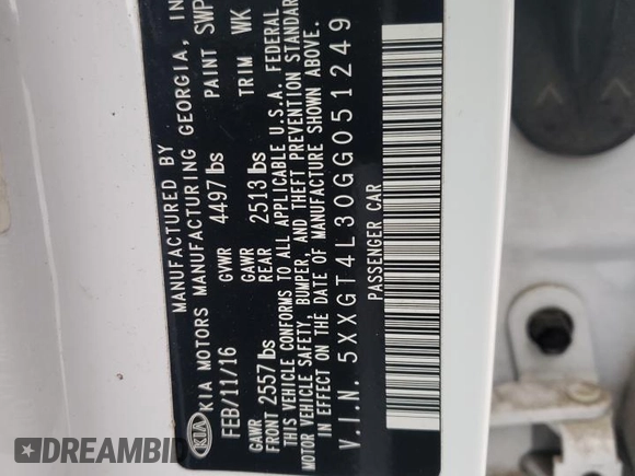 2016 Kia Optima LX with VIN 5XXGT4L30GG051249, listed as a Copart auction lot 55476275 with 40,875 mi miles and Salvage title. Bid and sale history available at DreamBid. Image 12.