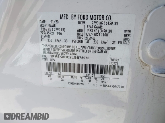 2020 Ford Explorer Platinum z VIN 1FM5K8HC2LGB75970, wystawiony jako IAAI lot #42369219 z przebiegiem 61 716 mil mil oraz . Historia ofert i sprzedaży dostępna na DreamBid. Obrazek 9.