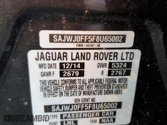 2015 Jaguar XF V6 Portfolio with VIN SAJWJ0FF5F8U65002, listed as a Copart auction lot 42318445 with 0 mi miles and Clean Title. Bid and sale history available at carsss.com. Image 12.