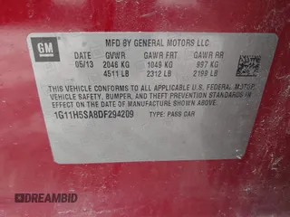 2013 Chevrolet Malibu LTZ with VIN 1G11H5SA8DF294209, listed as a IAAI auction lot 42156638 with 177,957 mi miles and . Bid and sale history available at DreamBid. Image 9.