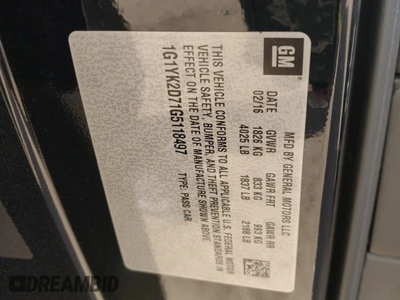 2016 Chevrolet Corvette Z51 2LT with VIN 1G1YK2D71G5118497, listed as a Copart auction lot 44011505 with 24,813 mi miles and Salvage title. Bid and sale history available at DreamBid. Image 14.