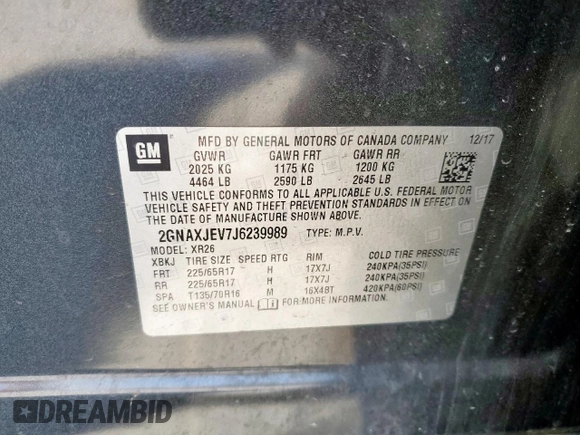 2018 Chevrolet Equinox LT with VIN 2GNAXJEV7J6239989, listed as a Copart auction lot 49865715 with 135,297 mi miles and Salvage Title. Bid and sale history available at carsss.com. Image 13.