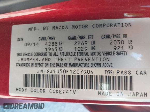 2015 Mazda Mazda6 i Sport with VIN JM1GJ1U50F1207904, listed as a IAAI auction lot 41627113 with 210,376 mi miles. Bid and sale history available at carsss.com. Image 9.