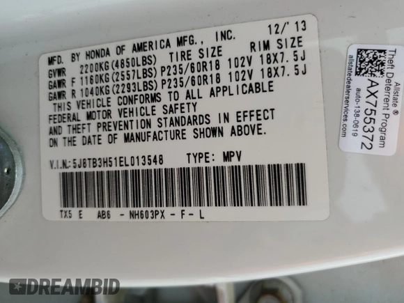 2014 Acura RDX Technology with VIN 5J8TB3H51EL013548, listed as a Copart auction lot 54101785 with 137,208 mi miles and Salvage title. Bid and sale history available at DreamBid. Image 13.