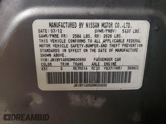 2013 Infiniti M37 with VIN JN1BY1AR6DM600690, listed as a Copart auction lot 79867874 with 159,954 mi miles and Salvage Title. Bid and sale history available at carsss.com. Image 12.