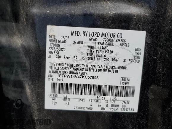 2007 Ford F-150 XLT with VIN 1FTPW14V47KC57993, listed as a Copart auction lot 53583765 with 156,109 mi miles and Salvage Title. Bid and sale history available at DreamBid. Image 12.
